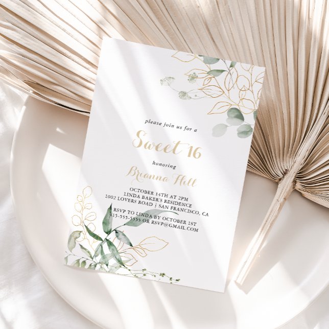 Invitation Gold Green Foliage Sweet 16 fête d'anniversaire (Créateur téléchargé)