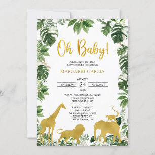 Invitation  Gold Green Jungle Safari Animaux Baby shower