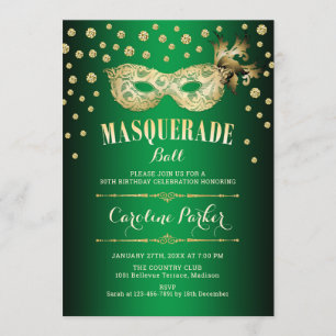 Invitation Gold Green Masquerade Ball fête d'anniversaire