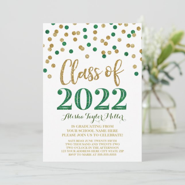 Invitation Gold Green Parties scintillant Confetti Graduation (Debout devant)