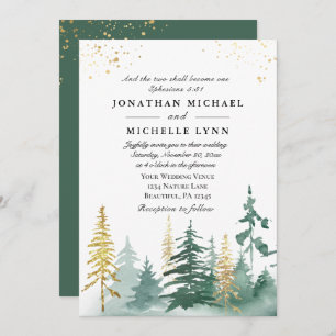 Invitation Gold Green Pine Forest Trees Mariage chrétien