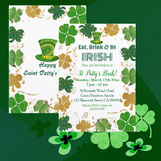 Invitation Gold Green Shimmer Shamrocks irlandais St Pattys B