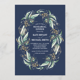 Invitation Gold Green Wreath Navy Blue Rehearsal Dîner