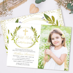 Invitation Gold Green Wreath Première Sainte Communion Photo