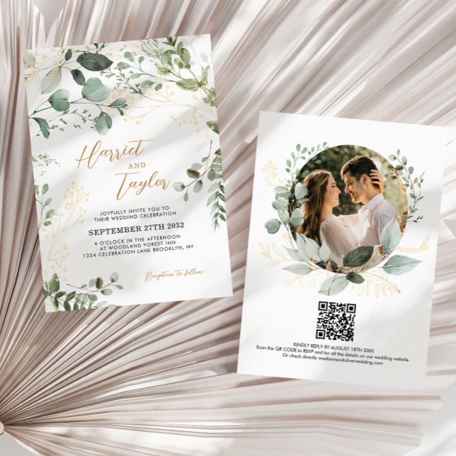 Invitation Gold Greenery Eucalyptus Photo QR Code Wedding  (Créateur téléchargé)