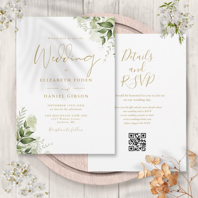 Invitation Gold Greenery Floral QR Code Mariage de script (Gold Greenery Floral QR Code Script Wedding Invitation)