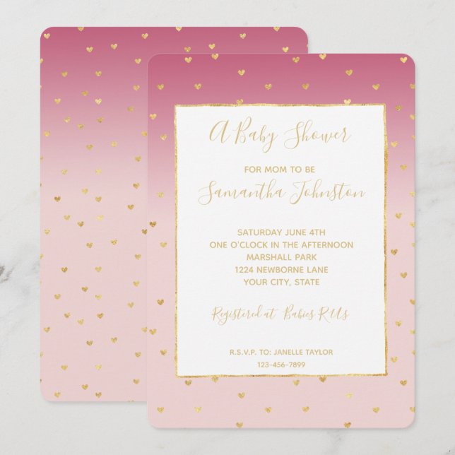Invitation Gold Hearts Blush Pink Ombre Baby shower (Devant / Derrière)