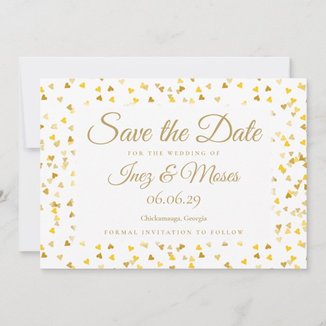 Invitation Gold Hearts Confetti Enregistrer la date (Devant)