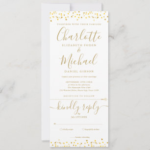 Invitation Gold Hearts Confetti Script Tout en un Mariage