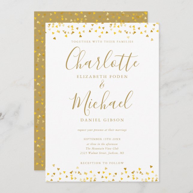 Invitation Gold Hearts Confetti Signature Mariage de script (Devant / Derrière)