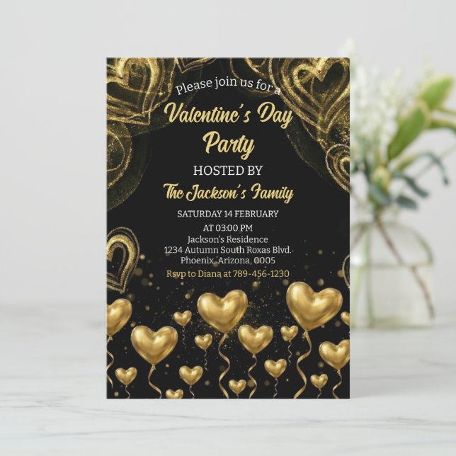 Invitation Gold Hearts Valentine's Day Party (Debout devant)