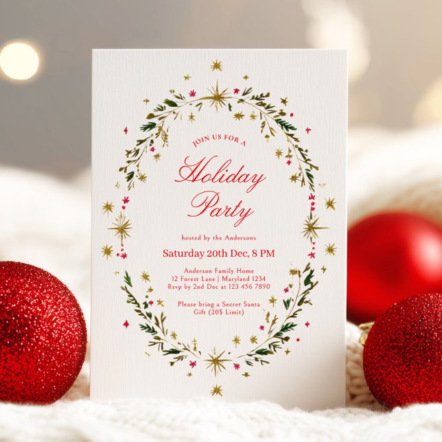 Invitation Gold Holiday Party Festive Christmas Wreath  (Créateur téléchargé)