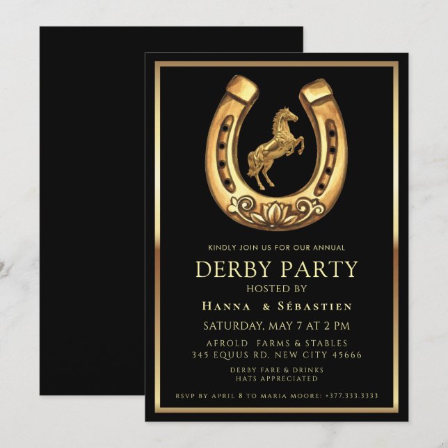 Invitation gold Horse Derby Party Equestrian  (Devant / Derrière)