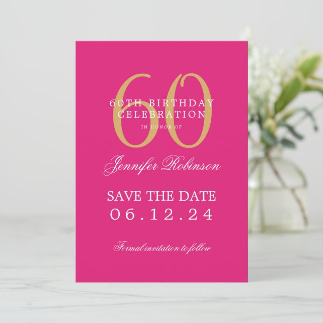 Invitation Gold Hot Pink 60e anniversaire Date de sauvegarde  (Debout devant)