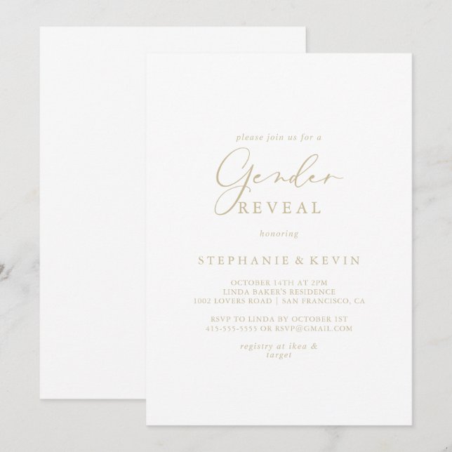 Invitation Gold Idyllic Calligraphie Genre Revela Party (Devant / Derrière)