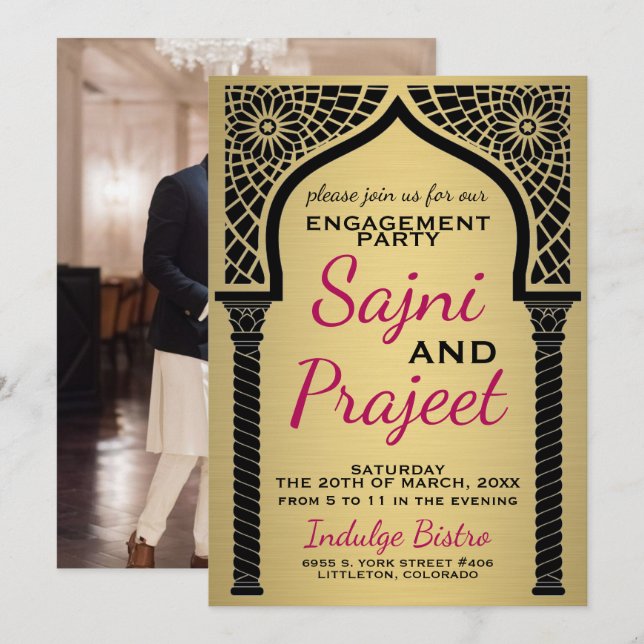 Invitation Gold Indian Engagement Party (Devant / Derrière)