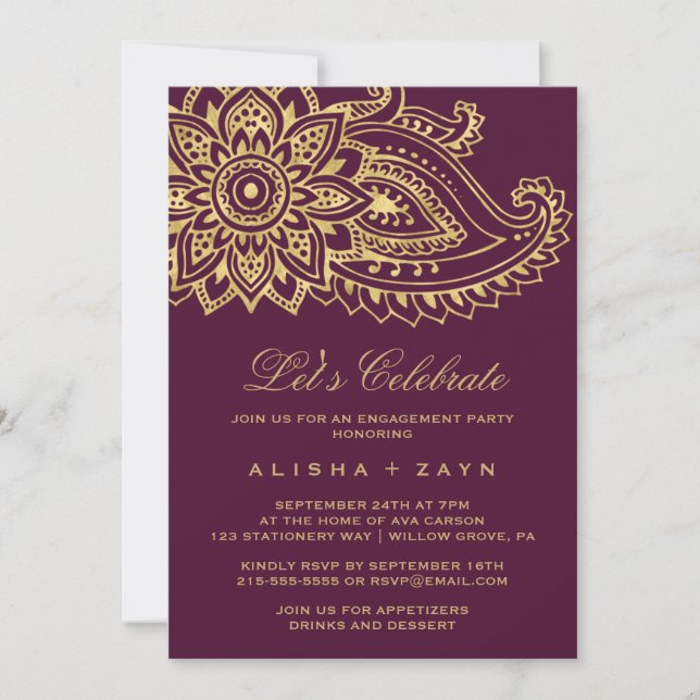 Invitation Gold Indian Paisley Célébrons (Devant)