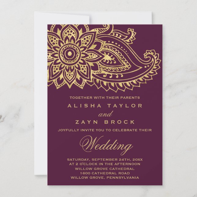 Invitation Gold Indian Paisley Mariage (Devant)