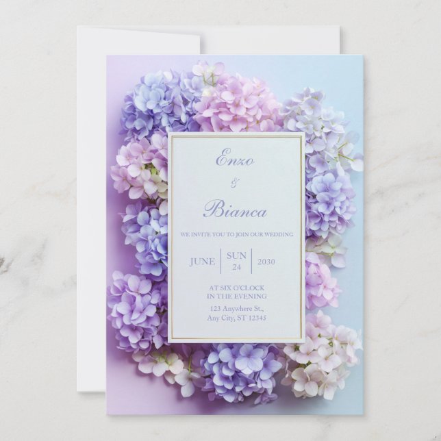 Invitation Gold Inset Lavender Hydrangea Frame Wedding (Devant)