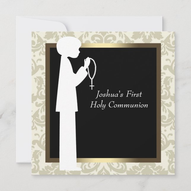 Invitation Gold Ivory Damask Rosary Boys Première communion (Devant)