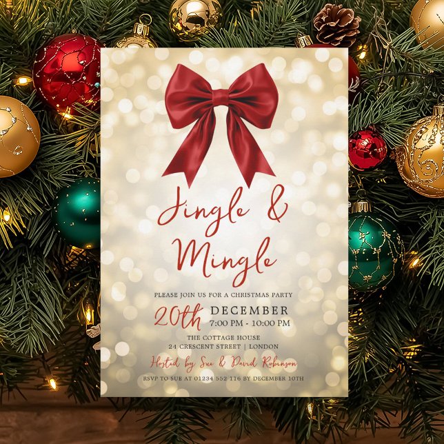 Invitation Gold Jingle Mingle Christmas Party Red Bow Lights (Gold Jingle Mingle Christmas Party Red Bow Lights Invitation)