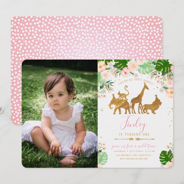 Invitation Gold Jungle Animal & Floral Photo Anniversaire Inv (Devant / Derrière)