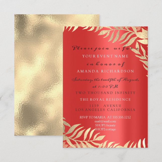 Invitation Gold Jungle Red Ruby Gold Élégante nuptiale (Devant / Derrière)