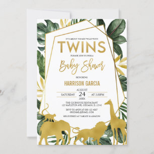 Invitation Gold Jungle Safari Animaux Twins Baby shower