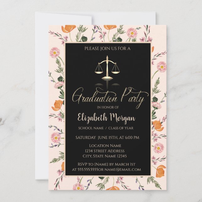 Invitation Gold Justice Scale Fleur sauvage Graduation (Devant)
