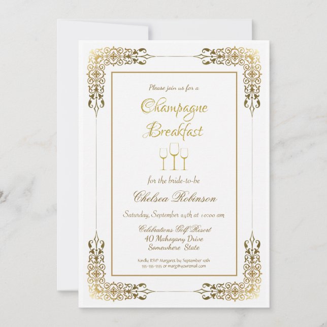 Invitation Gold Lace Champagne Fête des mariées de petit déje (Devant)
