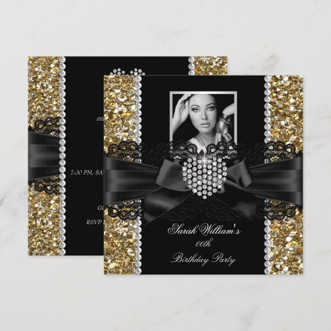Invitation Gold Lace Diamond Heart Photo Anniversaire (Devant / Derrière)