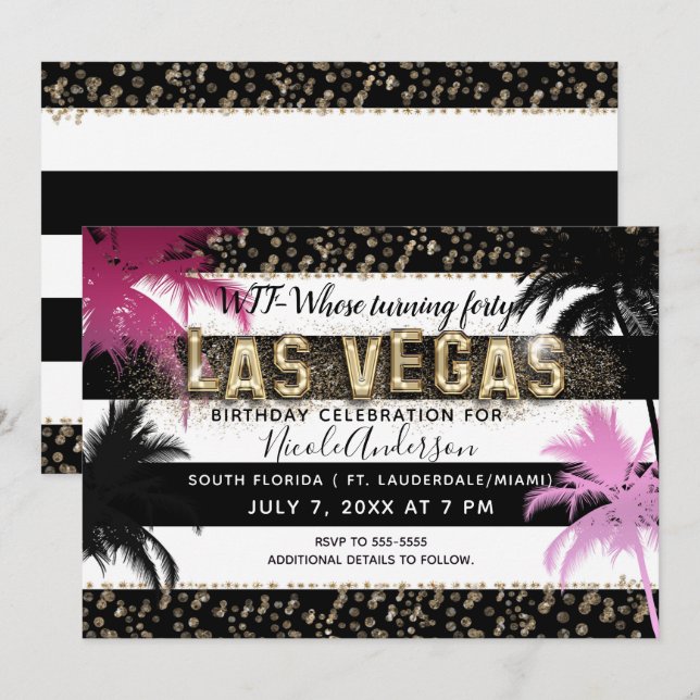 Invitation Gold LAS VEGAS Parties scintillant Palm Trees Anni (Devant / Derrière)