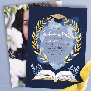 Invitation Gold Laurel Marine Blue Graduation Party Photo