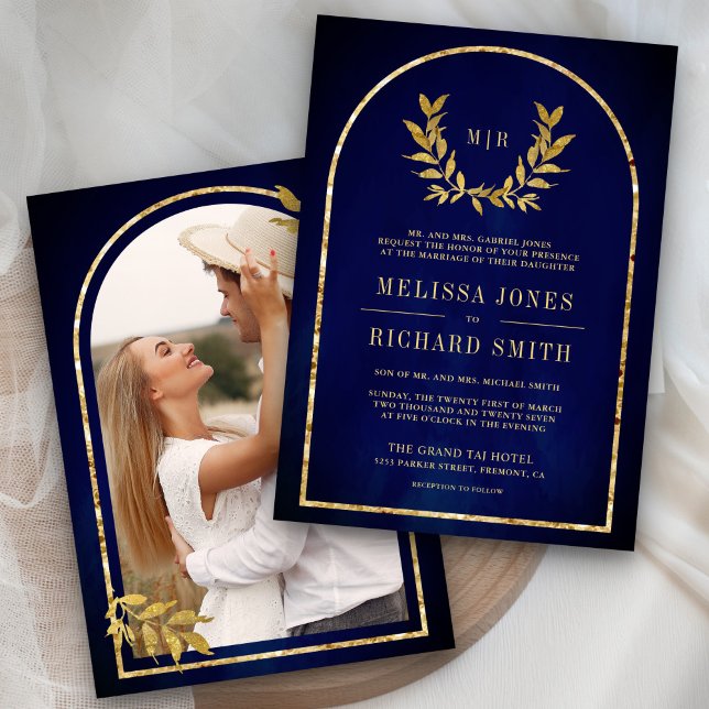 Invitation Gold Laurel Wreath Feuille Royal Blue Mariage (Créateur téléchargé)