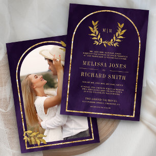 Invitation Gold Laurel Wreath Feuilles Royal Purple Mariage