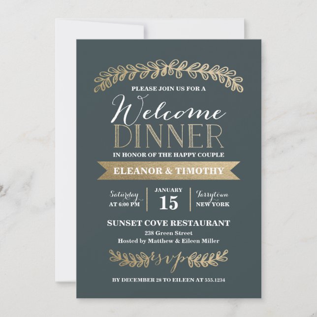 Invitation Gold Laurels Mariage d'ardoise Soirée de bienvenue (Devant)