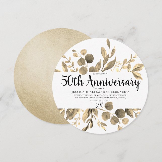 Invitation Gold Leaf Elégant Moderne 50e Anniversaire Mariage (Devant / Derrière)