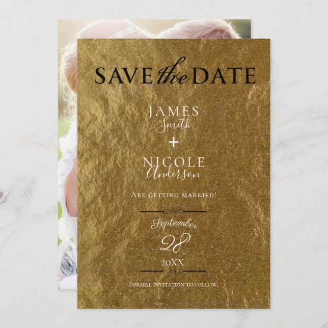 Invitation Gold Leaf Foil Modern Full Photo Enregistrer la da (Devant / Derrière)