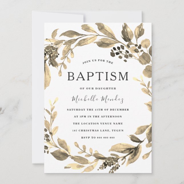 Invitation Gold Leaf Garçon Girl Wreath Baptême Christening (Devant)