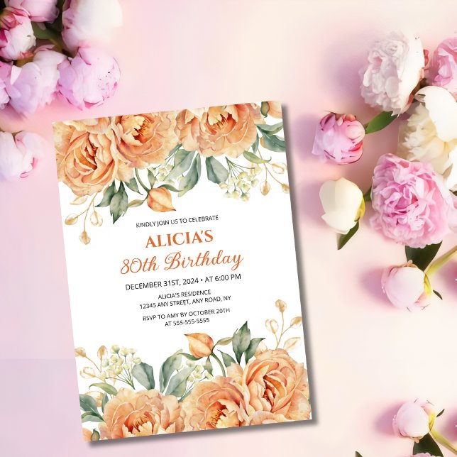 Invitation Gold Leaf Orange Peony Rustic Floral Anniversaire (Créateur téléchargé)