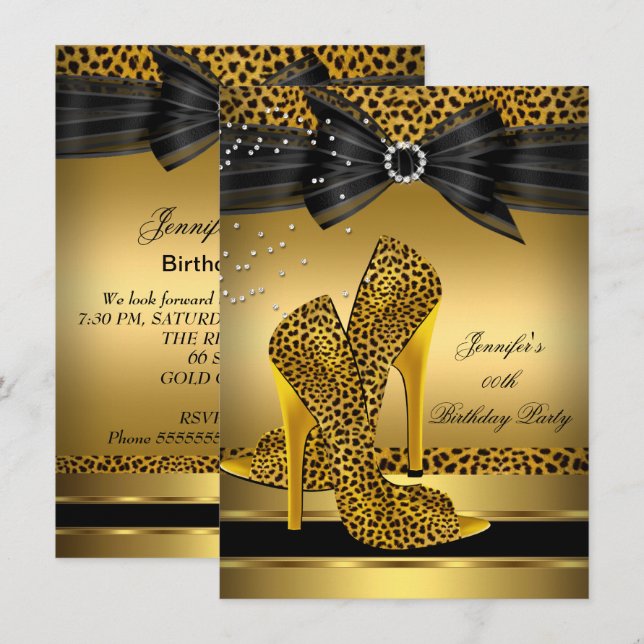 Invitation Gold Leopard talon haut Noir Bow fête d'anniversai (Devant / Derrière)