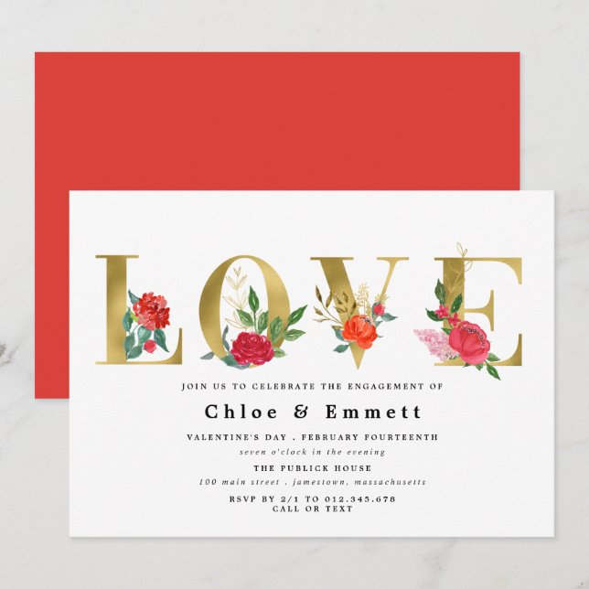 Invitation Gold Letters with Red Flowers Engagement Party (Devant / Derrière)