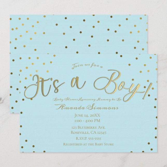 Invitation Gold & Light Blue Modern C'est un Baby shower garç (Devant / Derrière)