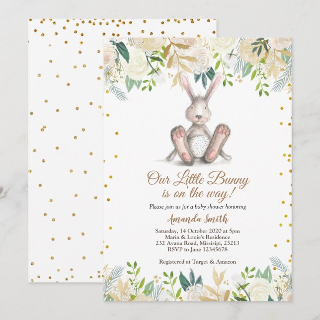 Invitation Gold Little Bunny est en route pour le Baby shower (Devant / Derrière)