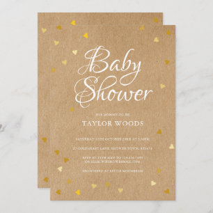 Invitation Gold Love Hearts Baby shower Rustic Kraft Boho