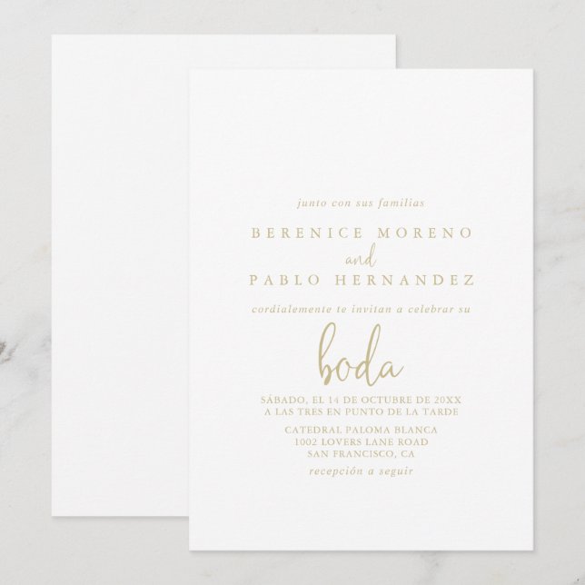 Invitation Gold Love Script Mariage espagnol   (Devant / Derrière)