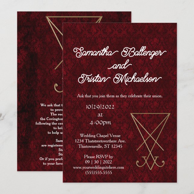 Invitation Gold Lucifer Sigil sur Red Damask Mariage sataniqu (Devant / Derrière)
