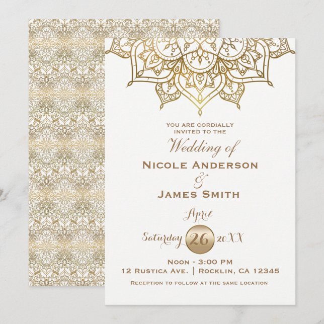 Invitation Gold Mandala Blanc Moderne Élégant Mariage minimal (Devant / Derrière)