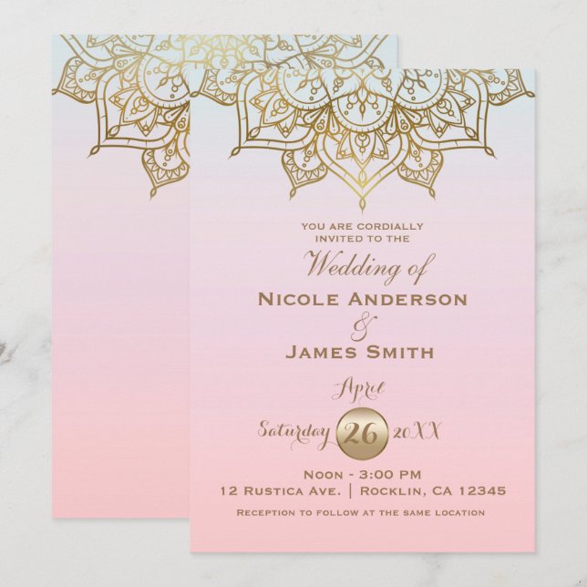 Invitation Gold Mandala Peach Rose Moderne Mariage élégant (Devant / Derrière)