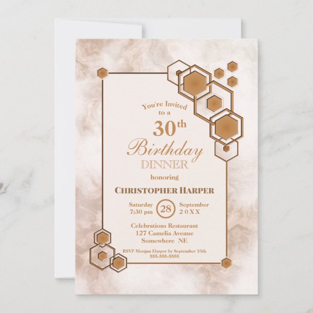 Invitation Gold Marbre géométrique 30e anniversaire Dîner fêt (Devant)